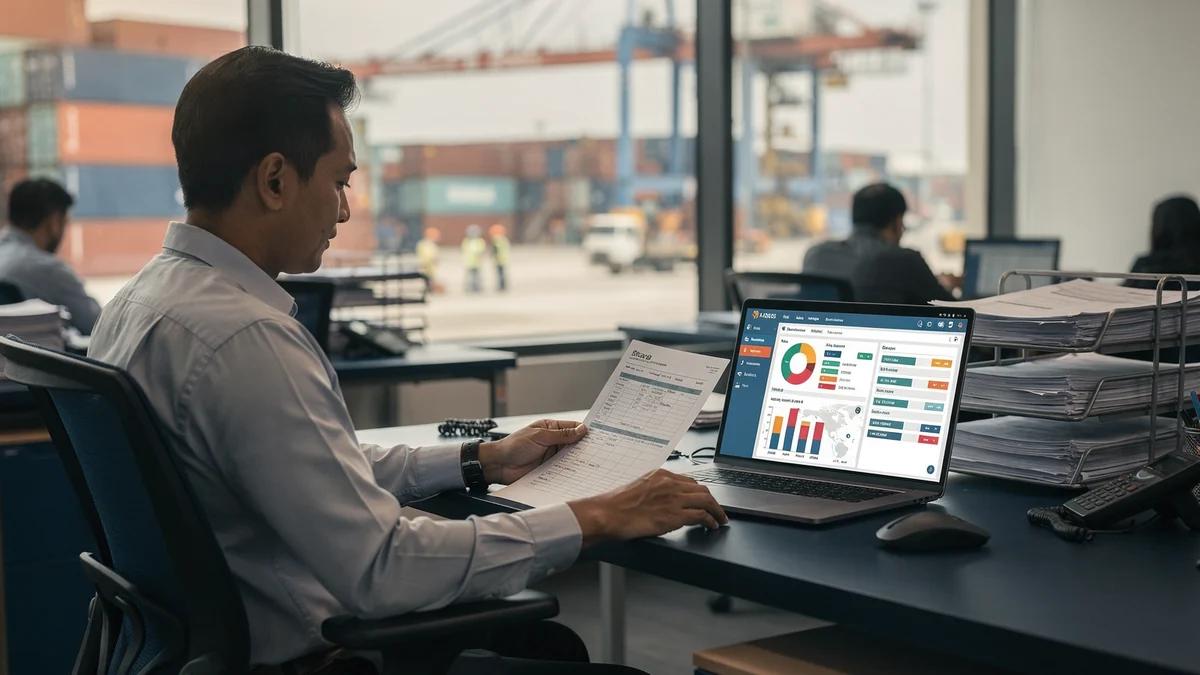 Profissional de COMEX gerenciando múltiplas fontes de informação convergindo para uma única interface centralizada