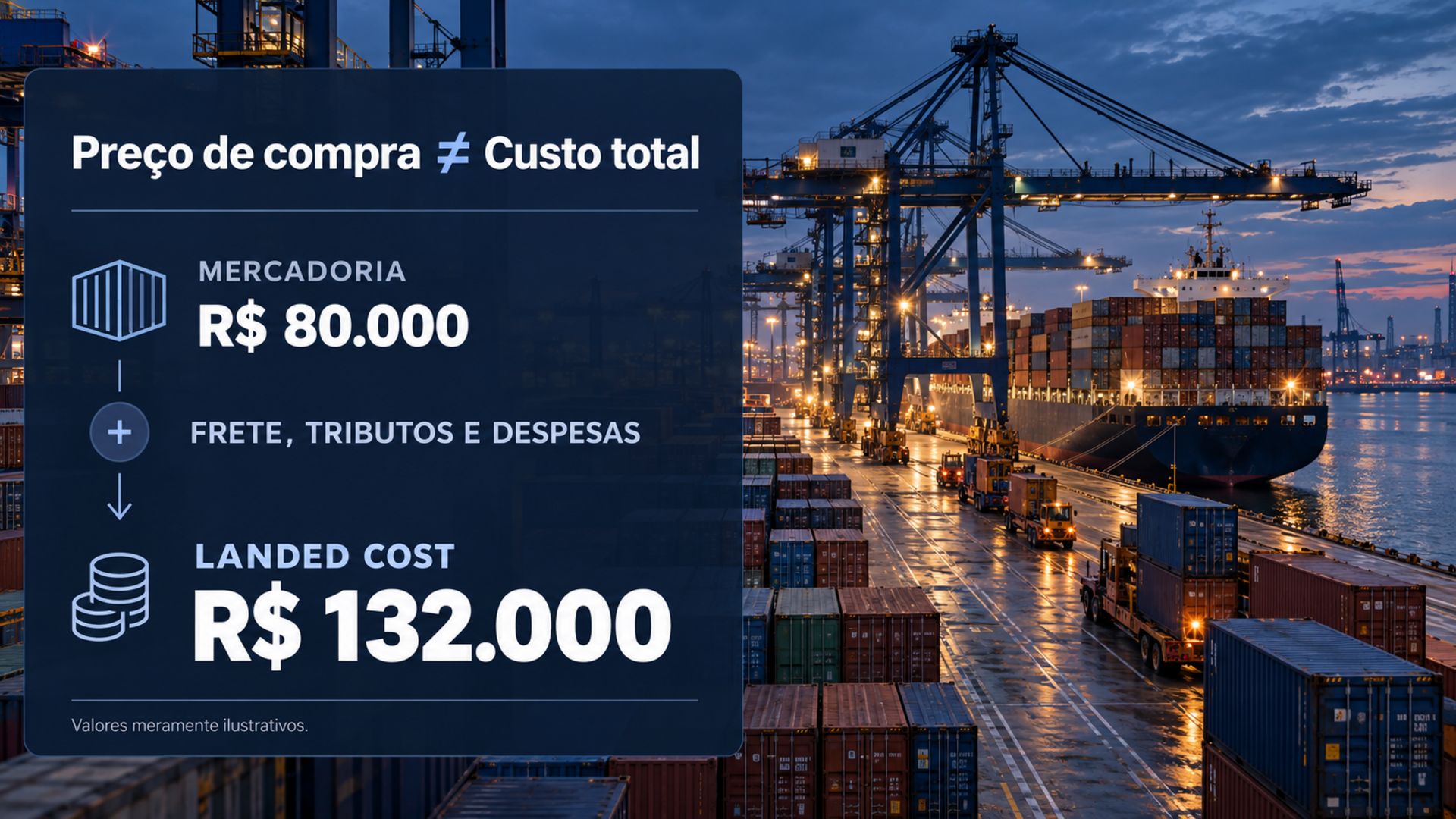 Preço de compra de R$ 80.000 comparado ao Landed Cost de R$ 132.000, com terminal portuário ao fundo; valores ilustrativos